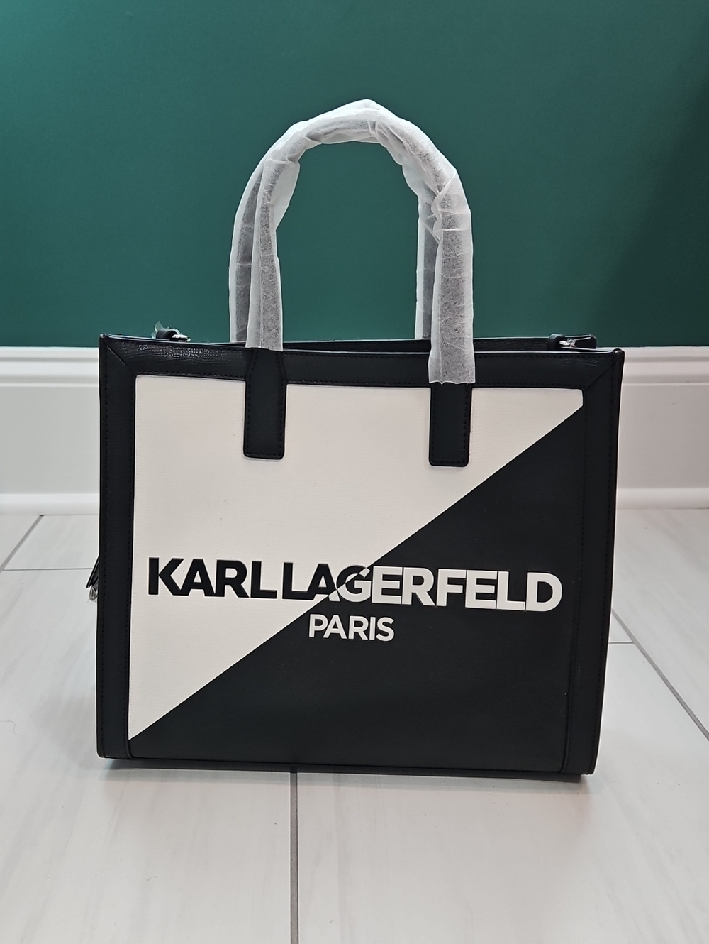 Karl Lagerfeld Black & White Diagonal Logo Tote Bag